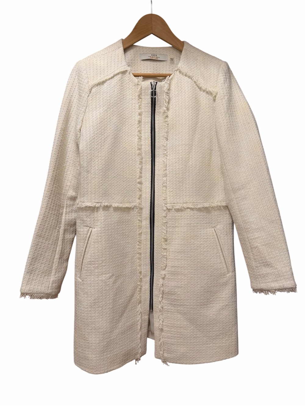 Women’s White Tweed Fringe Zip-Front Coat